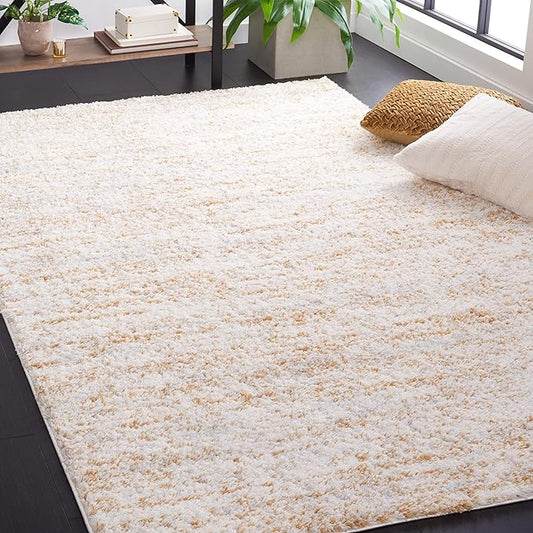 SAFAVIEH Berber Shag Collection Area Rug - 7' Square, Ivory & Light Gold, 1.2-inch Thick Ideal for High Traffic Areas in Living Room, Bedroom (BER563D)