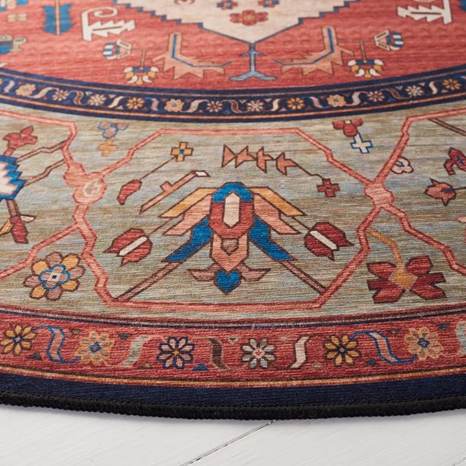 SAFAVIEH Washable Rug Tucson Collection - 6' Round, Rust & Blue, Slip Resistant & Easy to Clean, Ideal for Living Room, Bedroom, Dining Space (TSN153P)