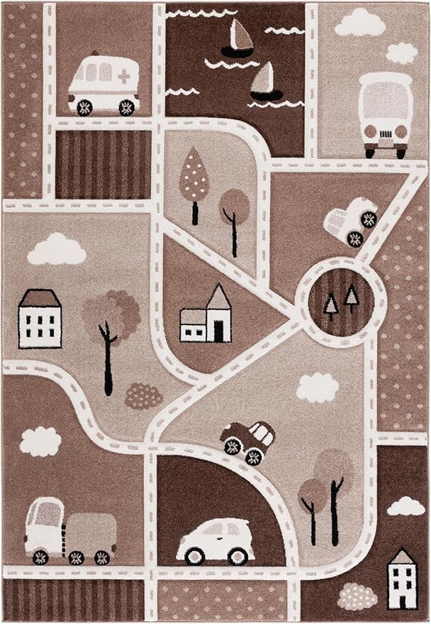 SAFAVIEH Carousel Kids Collection Area Rug - 5'3" x 7'6", Brown/Beige, Geometric Design, Ideal for High Traffic Areas in Living Room, Bedroom, Dining (CRK193T)