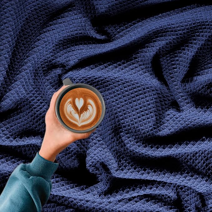 Bed & Bath Home Premium 100% Cotton Waffle Weave Blanket Twin Size – Soft Breathable Lightweight Comfort, Natural All-Season Bed Blanket, Easy-Care Bedspread for Bed & Couch (Navy Blue)