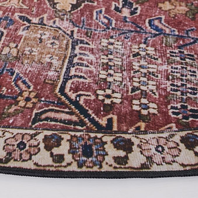 SAFAVIEH Washable Rug Tucson Collection - 6' Round, Red & Beige, Slip Resistant & Easy to Clean, Ideal for Living Room, Bedroom, Dining Space (TSN174Q)