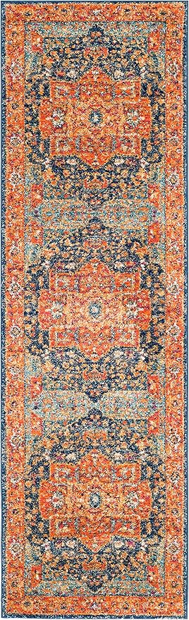 SAFAVIEH Evoke Collection Runner Rug - 2'2" x 9', Blue & Orange, Oriental Medallion Distressed Design, Non-Shedding & Easy Care, Ideal for High Traffic Areas in Living Room, Bedroom (EVK275C)