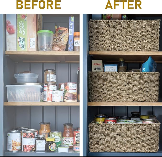 2-Pack Handwoven Seagrass Storage Baskets with Handles, Wicker Bins for Pantry Organization, Shelf or Closet Organizer, Decorative Boho Rectangular Basket 13.5" x 8"