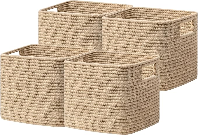 UBBCARE Storage Cubes 4 Pack, 11x 11x 7.8 Cube Storage Bin with Handles, Cotton Rope Baskets for Organizing, Woven Baskets for Shelf, Baby Nursery, Toy Storage, Closet, Classroom, Brown
