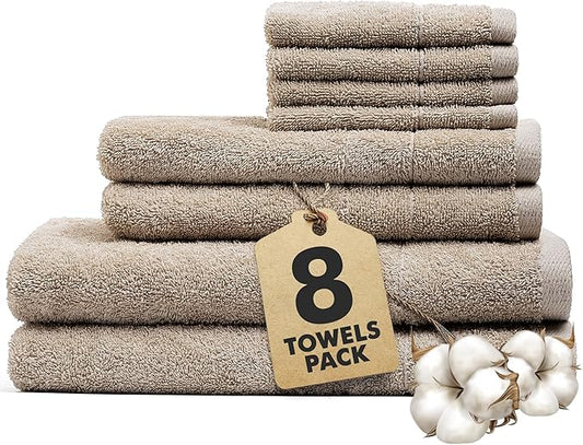 Bath Towels Set of 8 – 100% Cotton (Beige) Bathroom Towel Set Bale Includes 2 Bath, 2 Hand, 4 Face Towels – Soft, Absorbent & Quick Dry Towel for Bathroom, Spa, Kitchen, Hotel Use