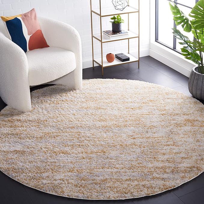 SAFAVIEH Area Rug 8' Round - Berber Shag Collection - Ivory & Light Gold, Non-Shedding & Easy to Clean, Plush Thick Pile, Ideal for Living Room, Bedroom, Dining Space (BER563D)