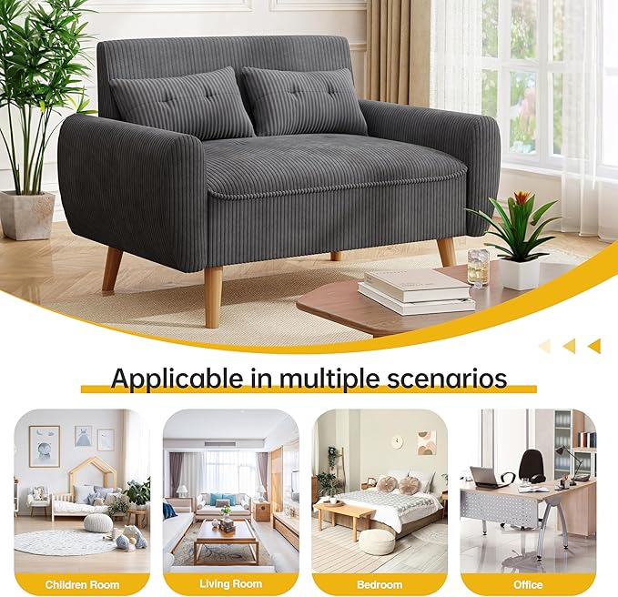 JAMFLY 47'' Small Loveseat Sofa, 2 Seat Compact Couch with Tapered Legs, Dark Grey Upholstered Furniture, Solid Wood Frame, Comfy Foam Cushion, Easy Assembly for Small Spaces