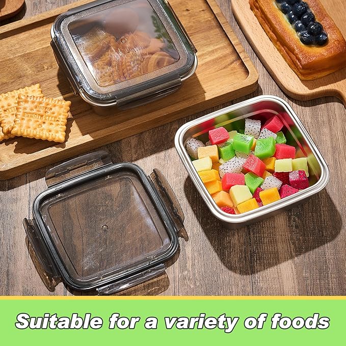 4 Pack Stainless Steel Sandwich Containers with Lids 25.4 oz Metal Food Container for Lunch Boxes with Airtight Silicone Seal for Sandwiches and Snacks(Black)