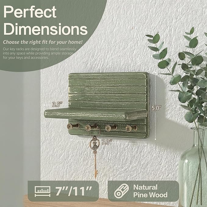 Rebee Vision Pine Wood Key Holder Wall Mount – Decorative 7-inch Key Holder for Wall with Wooden Shelf & Hooks – Room Decor Aesthetic Perfect for Various Settings (Green)