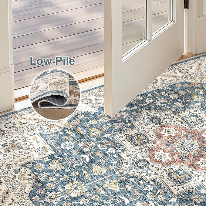 Vintage Living Room Area Rug 3x5 - Large Soft Washable Oriental Traditional Distressed Farmhouse Rugs for Bedroom - Indoor Floor Accent Carpet for Home Office House Decor - Blue