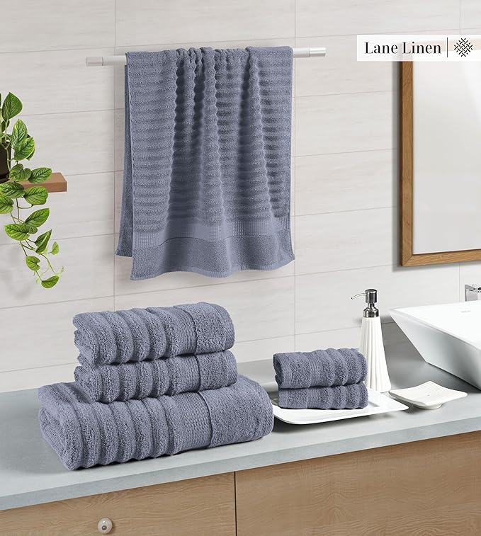 LANE LINEN Towels for Bathroom - 6 Piece Value Set - 100% Mercerized Cotton, Super Soft & Quick Dry - 2 Bath, 2 Washcloths, 2 Hand Towels - Oeko TEX Certified, Tumble Dry Safe & Durable - Cool Grey