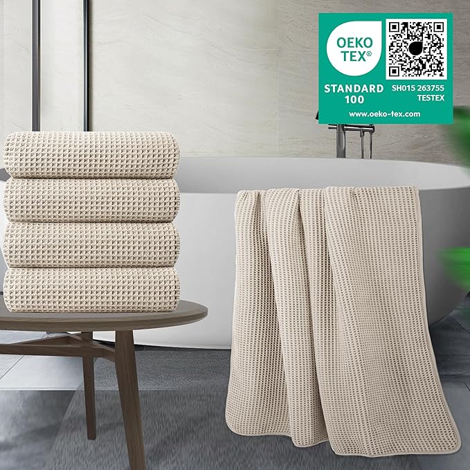 430 GSM Microfiber Oversize Quick Dry Lint Free Bath Towel, 60 x 30 in, 4 Pack (Waffle Weave)