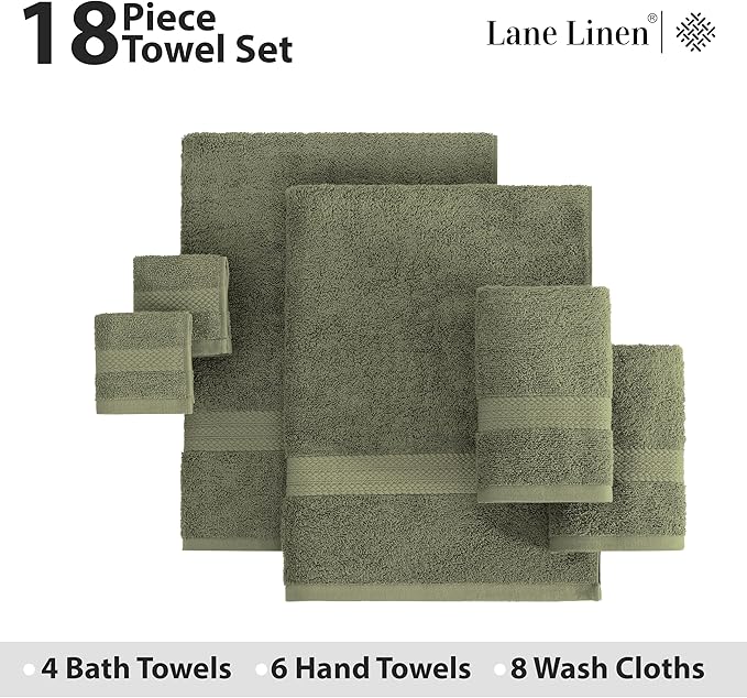 LANE LINEN 100% Cotton Bath Towel Set of 18 - Softer, High Absorbency & Durable - 4 Bath, 8 Wash Cloth, 6 Hand Towels for Bathroom - Premium Look, Spa Quality, Solid Dyed Towels - Oil Green
