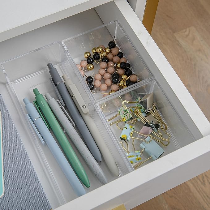 Martha Stewart Brody Desktop Storage Organizer, Stack and Slide Plastic Organizer Tray, Organizer for Office, Kitchen, or Vanity, 2-S, 1-M