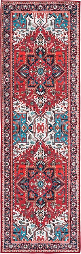 SAFAVIEH Washable Rug Tucson Collection - 2'6' x 10' Runner, Red & Blue, Slip Resistant & Easy to Clean, Ideal for Living Room, Bedroom, Dining Space (TSN101Q)