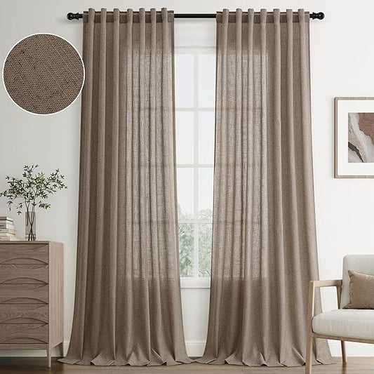 Joywell Light Brown Back Tab Rod Pocket Linen Curtains 102 Inches Long 2 Panels for Living Room Bedroom Neutral Boho Farmhouse Rustic Light Filtering Semi Sheer Curtains Window Treatment 52x102