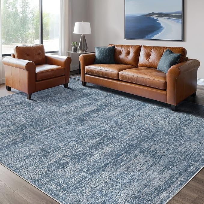 Area Rug Living Room Rugs - 6x9 Washable Large Soft Indoor Neutral Modern Abstract Low Pile Rug Carpet for Bedroom Dining Room Farmhouse Home Office - Dark Blue