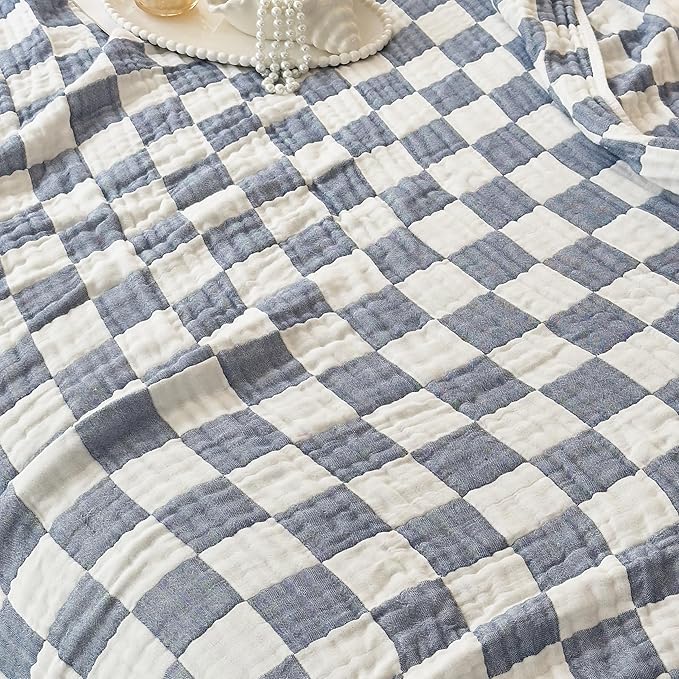 Ultra Soft Cozy 6-Layer Checkered Muslin Blankets for Adults 100% Cotton King Size 90"x104" Bed Blanket Breathable Lightweight Suitable for All Seasons Both Sides Blue