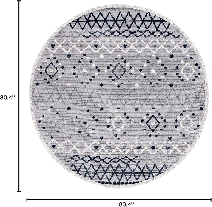 SAFAVIEH Marrakech Collection Area Rug - 6'7" Round, Grey & Navy, Moroccan Boho Tribal Rustic Design, Non-Shedding & Easy Care, Ideal for High Traffic Areas in Living Room, Bedroom (MRK612F)