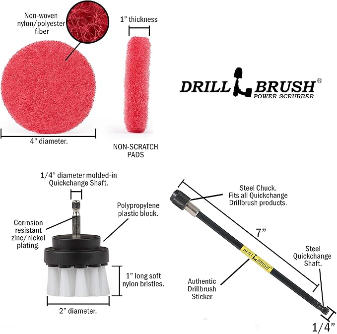Drill Brush - Bathroom - Power Scouring Pads - Shower Cleaner - Scrub Brush - Shower Doors - Bathroom Sink - Tub - Bath Mat - Baseboard - Vinyl Flooring - Mineral Deposits - Hard Water Stain Remover
