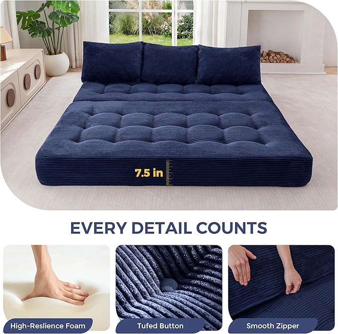 MAXYOYO Folding Sofa Couch, Convertible Floor Sleeper Couch with 3 Pillows, Tufted Floor Oversized Loveseat Couch Tufted Fold Out Chair Bed Comfy Sofa Lounge for Living Room Bedroom, Navy