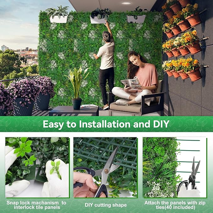 20"x20" Grass Wall Panels, 8PCS Artificial Greenery Backdrop Wall with UV Resistant Leaves, Faux Green Wall Decor for Outdoor Indoor Patio Garden Backyard