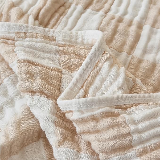 Ultra Soft Cozy 6-Layer Muslin 100% Cotton Checkered Throw Blanket Breathable Lightweight Checkboard Bed Blankets Decorative for Sofa Bed All Seasons Both Sides (Cream, Throw 50"x60")