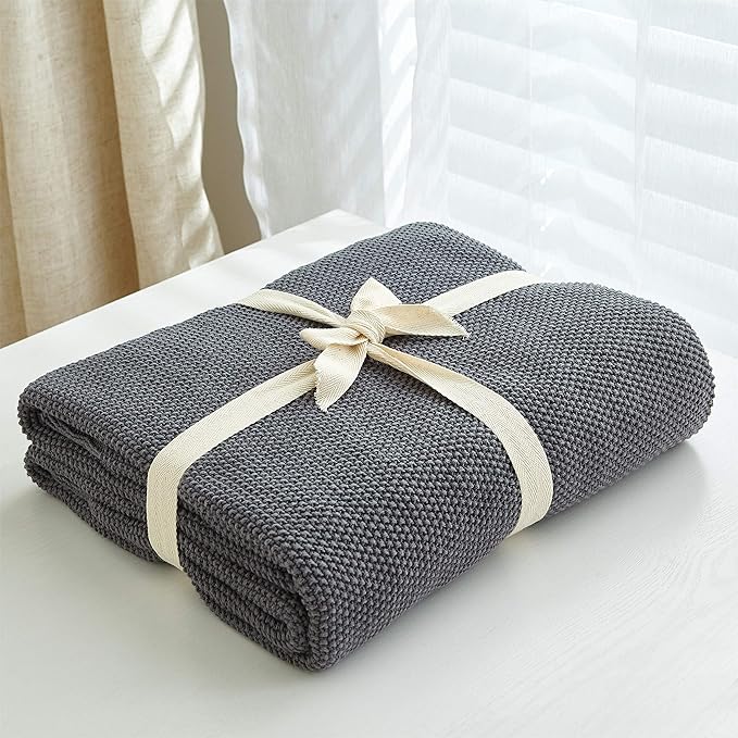 Longhui bedding Dark Grey 100% Cotton Lightweight Cable Knit Throw Blanket for Couch Sofa Bed Home Large Decorative, Bonus Laundering Bag, Dark Gray 60 x 80 Inch, Machine Washable