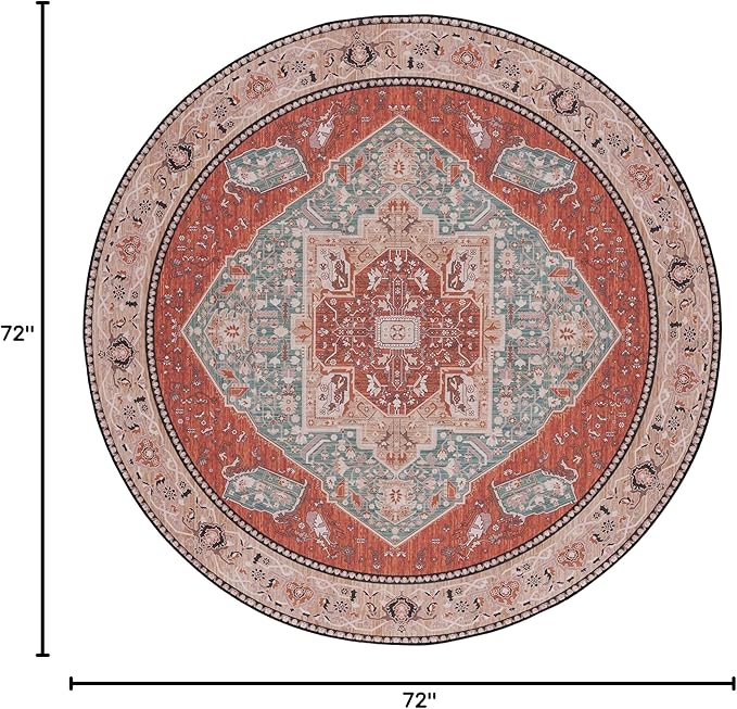 SAFAVIEH Washable Rug Tucson Collection - 6' Round, Aqua & Rust, Slip Resistant & Easy to Clean, Ideal for Living Room, Bedroom, Dining Space (TSN150J)