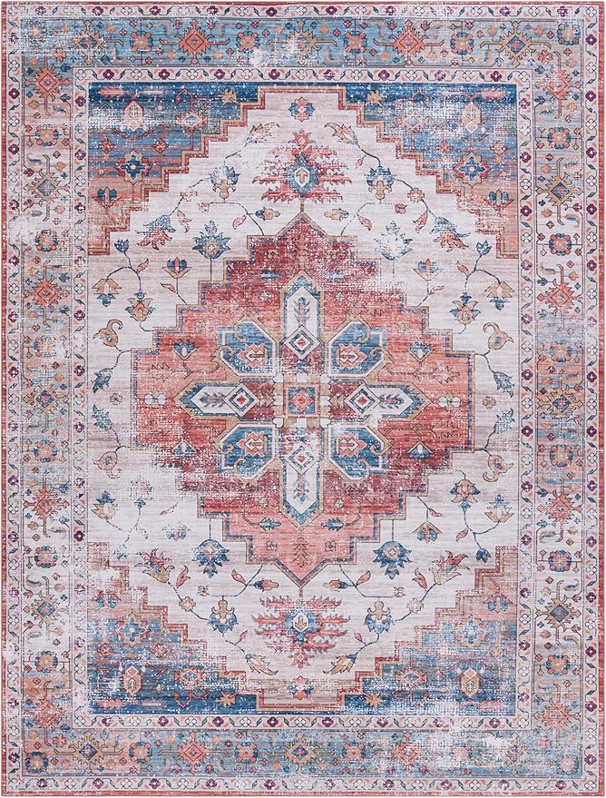 SAFAVIEH Washable Rug Tucson Collection - 9' x 12', Beige & Blue, Slip Resistant & Easy to Clean, Ideal for Living Room, Bedroom, Dining Space (TSN109B)