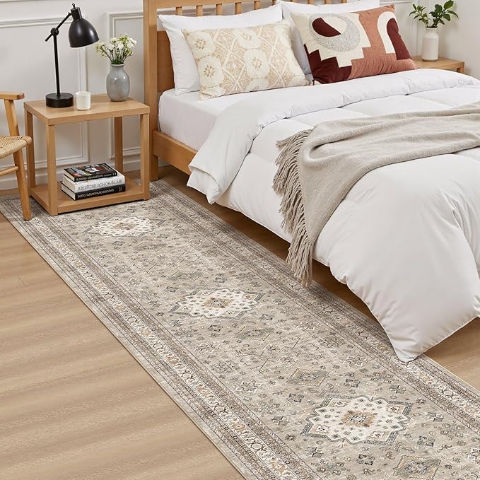 Vintage Hallway Runner Rug 2x10: Large Soft Washable Entryway for Kitchen Laundry Room Non-Slip Backing Runner for Entrance Living Room Bedroom Bathroom - Beige