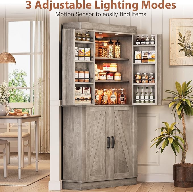 Corner Kitchen Pantry Storage Cabinet with Doors, Kitchen Hutch, 71'' Tall Food Storage Cabinet Furniture for Living Room, Dining Room (Grey)
