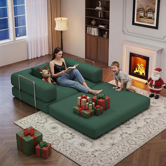 Folding Sofa Bed Convertible Corduroy Couch Queen Size Floor Sleeper 4-in-1 DIY Combination Modular Lazy Sofas Fold Futon Lounge for Living Room (Green, 53.15" Double Sofa)