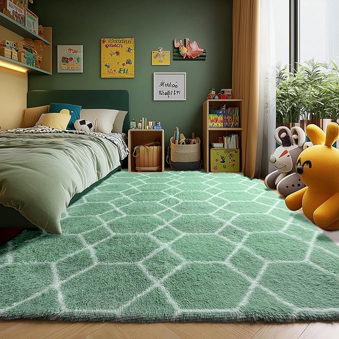 ONASAR Rugs for Living Room Bedroom, 5x8 Fluffy Sage Green and White Area Rug, Geometric Boho Soft Plush Shaggy Floor Carpets for Nursery Kids Girls Boys Teen Dorm Home Decor Aesthetic