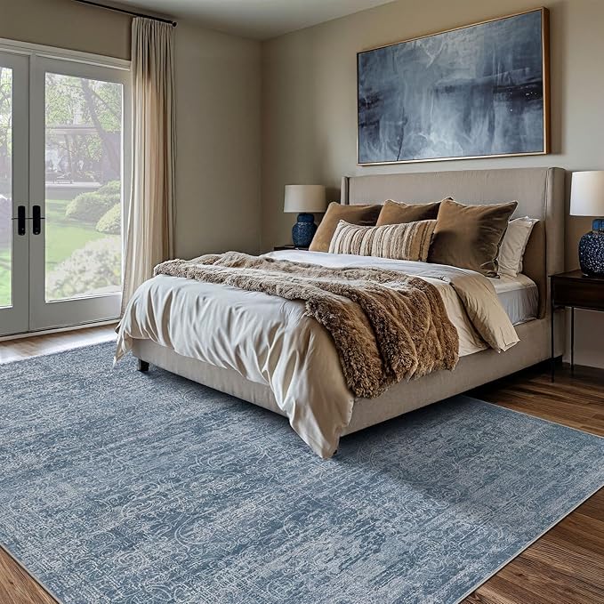 Area Rug Living Room Rugs - 9x12 Abstract Large Soft Indoor Washable Rug Neutral Modern Low Pile Carpet for Bedroom Dining Room Farmhouse Home Office - Dark Blue