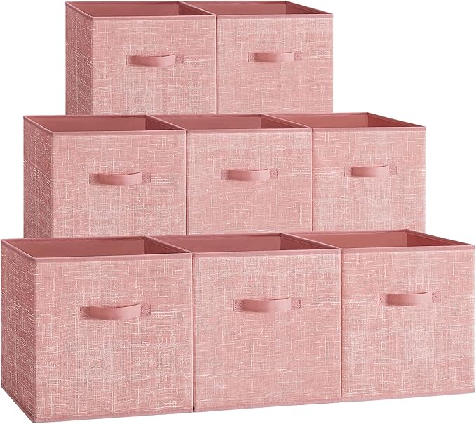 SONGMICS Storage Cubes, 13 x 13 x 13 Inches Non-Woven Fabric Bins with Double Handles, Set of 8, Closet Organizers for Shelves, Foldable, for Clothes, Jelly Pink UROB833R01
