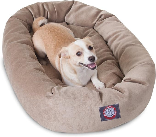 Majestic Pet 32 Inch Micro Velvet Calming Dog Bed Washable – Cozy Soft Round Dog Bed with Spine for Head Support - Fluffy Donut Puppy Mat 32x23x7 (inch) Medium – Pearl