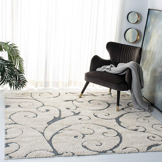 SAFAVIEH Florida Shag Collection Area Rug - 9' Square, Beige & Blue Grey, Scroll Design, Non-Shedding & Easy to Clean, High-Low Plush Pile, Ideal for Living Room, Bedroom, Dining Space (SG455-1155)