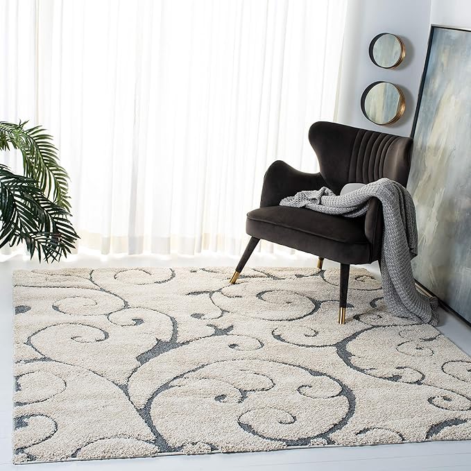 SAFAVIEH Florida Shag Collection Area Rug - 5' Square, Beige & Blue Grey, Scroll Design, Non-Shedding & Easy to Clean, High-Low Plush Pile, Ideal for Living Room, Bedroom, Dining Space (SG455-1155)