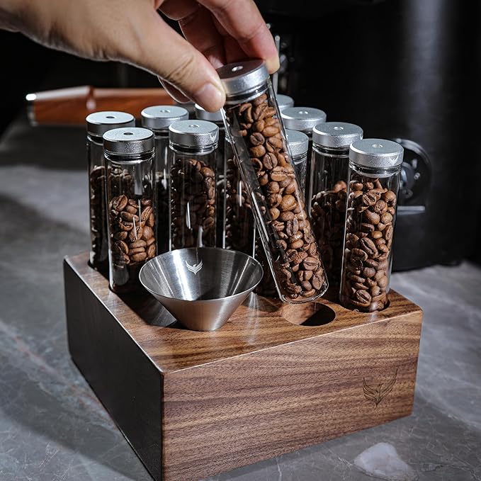 Coffee Station Set – 12 Single Dose Glass Tubes with Exhaust Valve, Walnut Dosing Cup & Spray Bottle, Digital Espresso Scale with Auto Tare & Flow