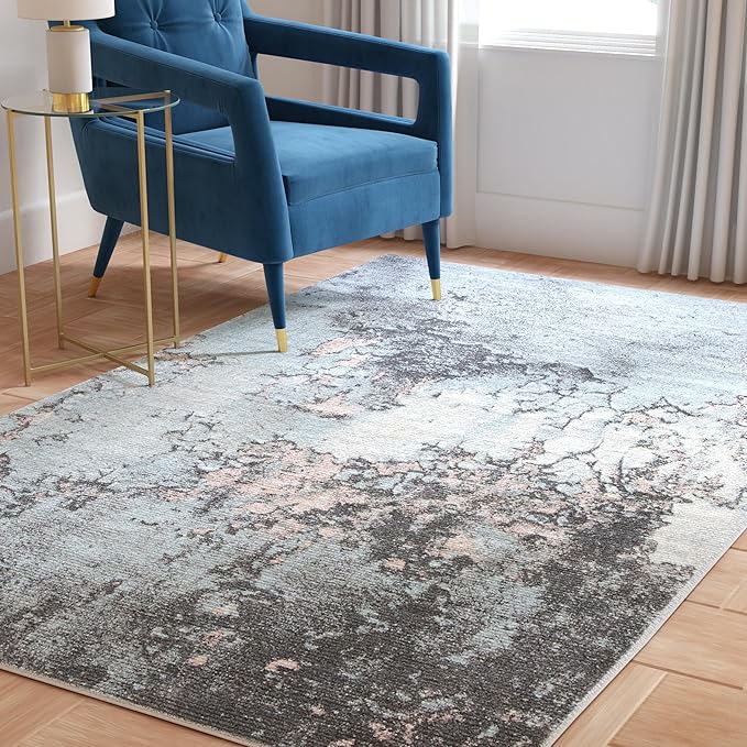 SAFAVIEH Glacier Collection Area Rug - 6'7" x 9', Blue & Pink, Modern Abstract Design, Non-Shedding & Easy Care, Ideal for High Traffic Areas in Living Room, Bedroom (GLA125L)