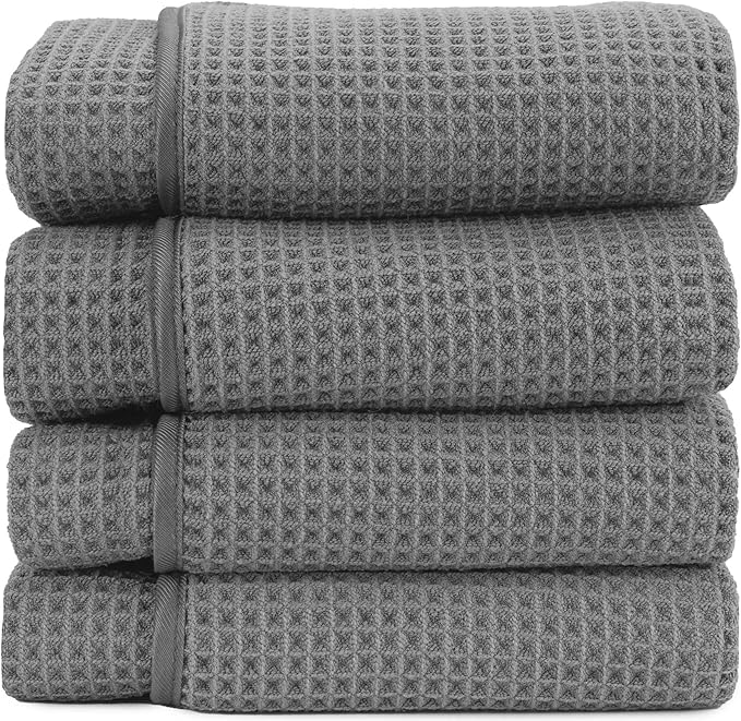 S&T INC. Aura Microfiber Waffle Bath Towels, 4 Pack, Quick-Dry, Ultra Absorbent, Lightweight Towels for Bathroom, Gym, Travel and Beach, 30 inches x 60 inches, 420GSM, Grey