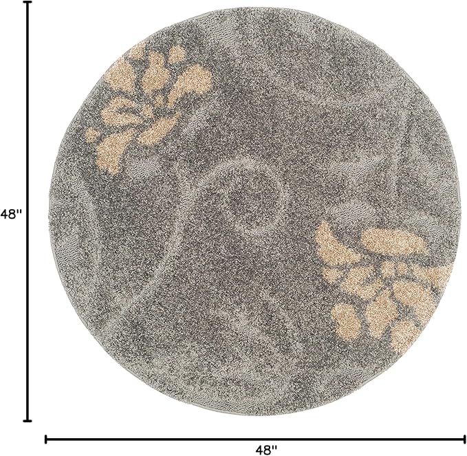 SAFAVIEH Florida Shag Collection Area Rug - 4' Round, Grey & Beige, Floral Design, Non-Shedding & Easy Care, 1.2-inch Thick Ideal for High Traffic Areas in Living Room, Bedroom (SG464-8013)