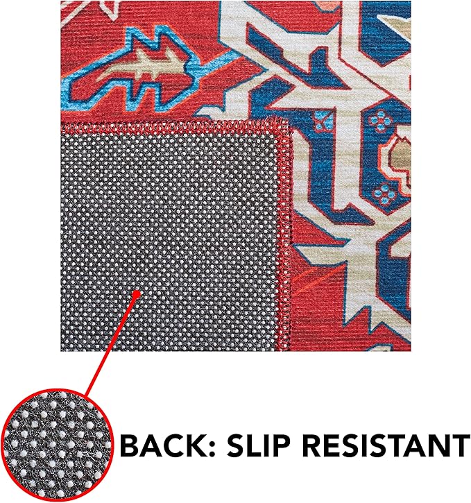 SAFAVIEH Washable Rug Tucson Collection - 8' x 10', Red & Blue, Slip Resistant & Easy to Clean, Ideal for Living Room, Bedroom, Dining Space (TSN101Q)