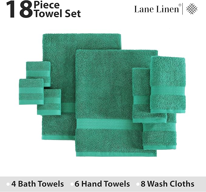LANE LINEN 100% Cotton Bathroom Towels - 18 Piece Set - Super Soft, Quick Dry & Absorbent - 4 Bath, 8 Washcloths, 6 Hand Towels for Bathroom - Hotel Quality & Suitable for Family