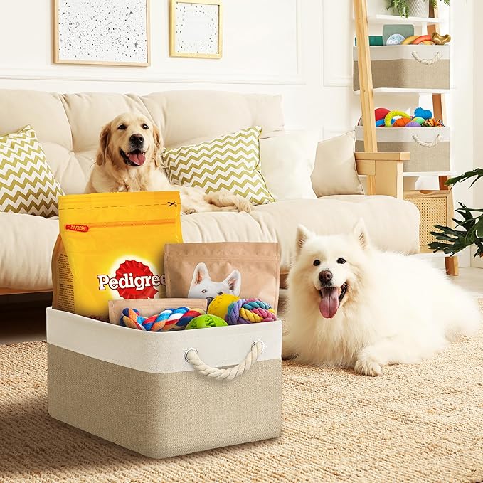 Simple Houseware Large Fabric Storage Bin, 15.7" x 12" with Braided Handles, 3 Pack, Beige
