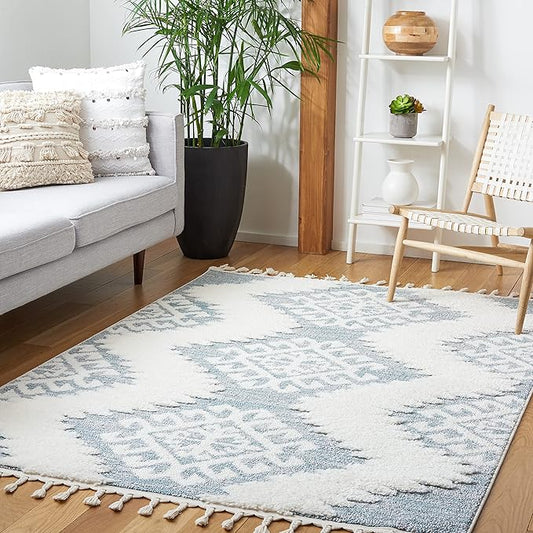 SAFAVIEH Moroccan Tassel Shag Collection Area Rug - 9' x 12', Teal & Ivory, Boho Rustic Trellis, Non-Shedding & Easy Care, 2-inch Thick Ideal for High Traffic Areas in Living Room, Bedroom (MTS652K)
