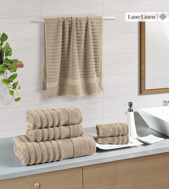 LANE LINEN Bathroom Towel Set 6 Piece - 100% Zero Twist Cotton - Super Soft & Highly Absorbent - 2 Bath, 2 Washcloths, 2 Hand Towels for Bathroom - Fade Resistant, Durable with a Luxury Look - Taupe