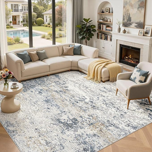 Area Rug Living Room Rugs - 11x14 Large Soft Indoor Neutral Modern Abstract Low Pile Washable Rug Carpet for Bedroom Dining Room Farmhouse Home Office - Beige Blue