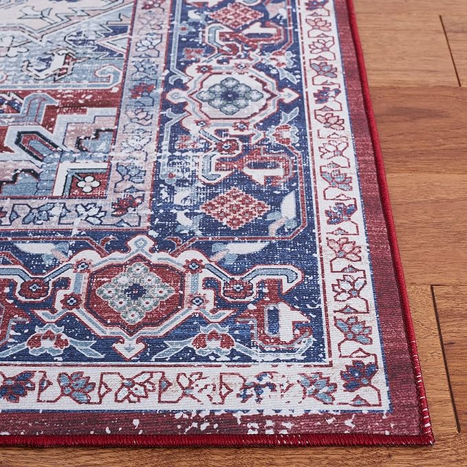 SAFAVIEH Washable Rug Tucson Collection - 4' x 6', Red & Navy, Slip Resistant & Easy to Clean, Ideal for Foyer, Kitchen, Nursery, Office, Bedroom (TSN101S)